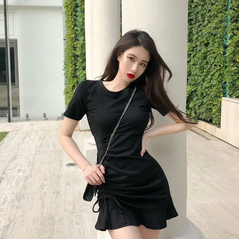 Y2K Bandage Women Mini Dress Korean Elegant Ruffles Folds Female Dress Summer Black O Neck Casual Short Sleeve Ladies Vestidos