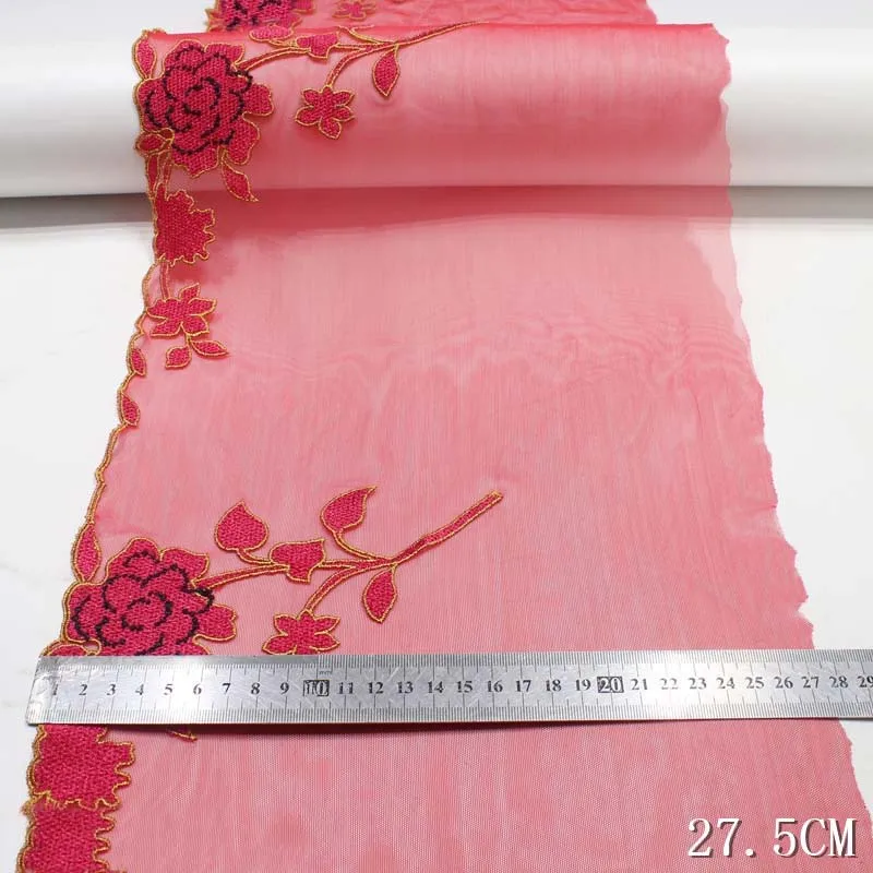 28Yards Mesh Embroidered Lace Trim DIY Clothing Sewing Crafts Red Flower Embroidered Lace For Lingerie Needle Work