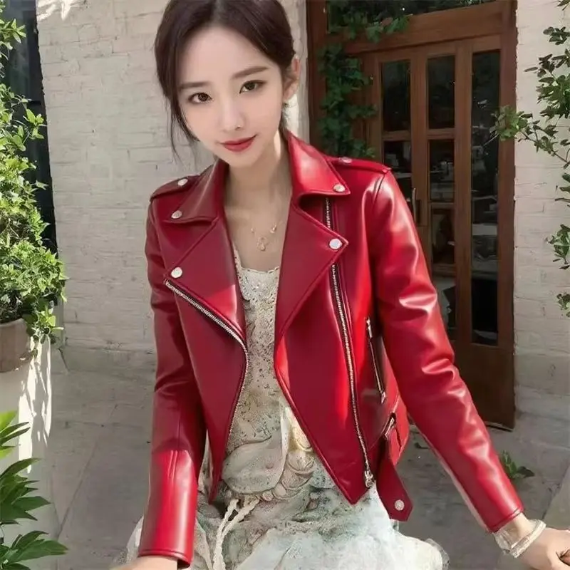 

Women's New 2025 Spring Autumn Coat Short Motorcycle Jacket Top Slim Fashion Korean Style PU Leathe Coat Outerwear Female