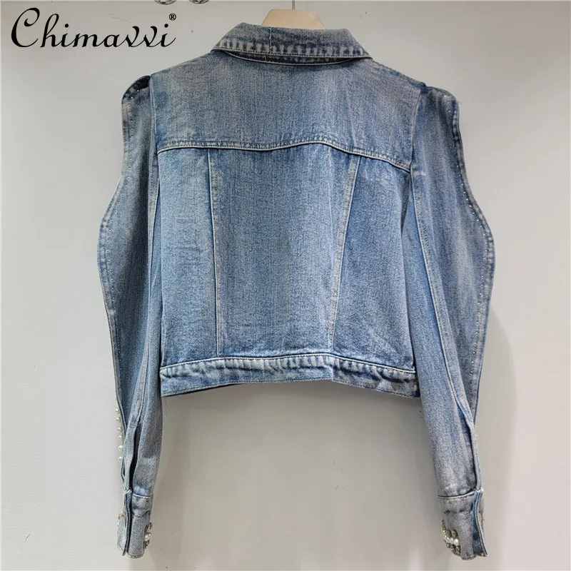2025 Autumn Clothes New Heavy Industry Jacket Denim Jacket Loose Long Sleeve Slim-fit Wavy Edge Bubble Sleeve Denim Coat