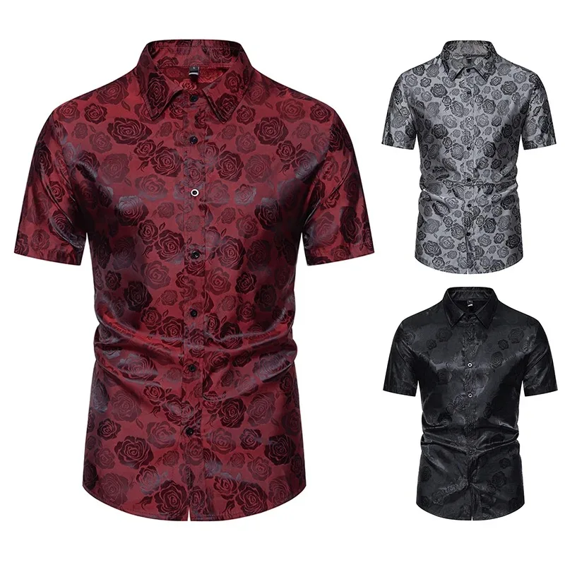 Men's Jacquard Shirt Fashion Clothing 2024 Summer Short Sleeved Rose Print Button Shirt Men's Short Sleeved Top