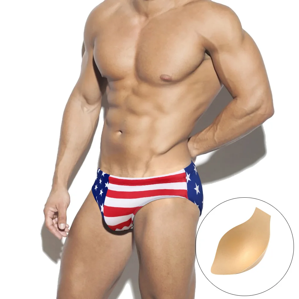 2026 Printed Men's Swimming Trunks Splicing Quick Drying Low Waist Sexy Swim Trunks Briefs Breathable Bathing Suit Beach Shorts
