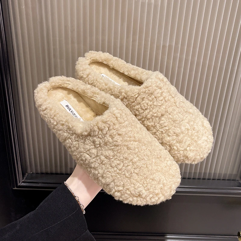 LazySeal Fleeces Solid Color Furry Slippers Women Baotou Fur Flip Flops Woman Sliders Flat With Slides Warm Slippers Indoor Shoe