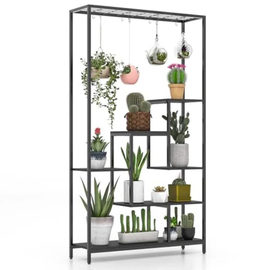 

Металлическая 6-ярусная подставка для растений высотой 71 дюймов с 10 крючками для подвешивания, многоярусная полка для цветов и бонсай для дома
