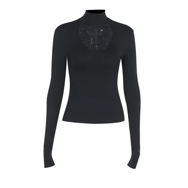 Gothic T-Shirt Cross Y2k Women Sweater Hollow Harajuku Turtleneck Pullover Japanese Fashion Slim Autumn Black Sweater Sexy