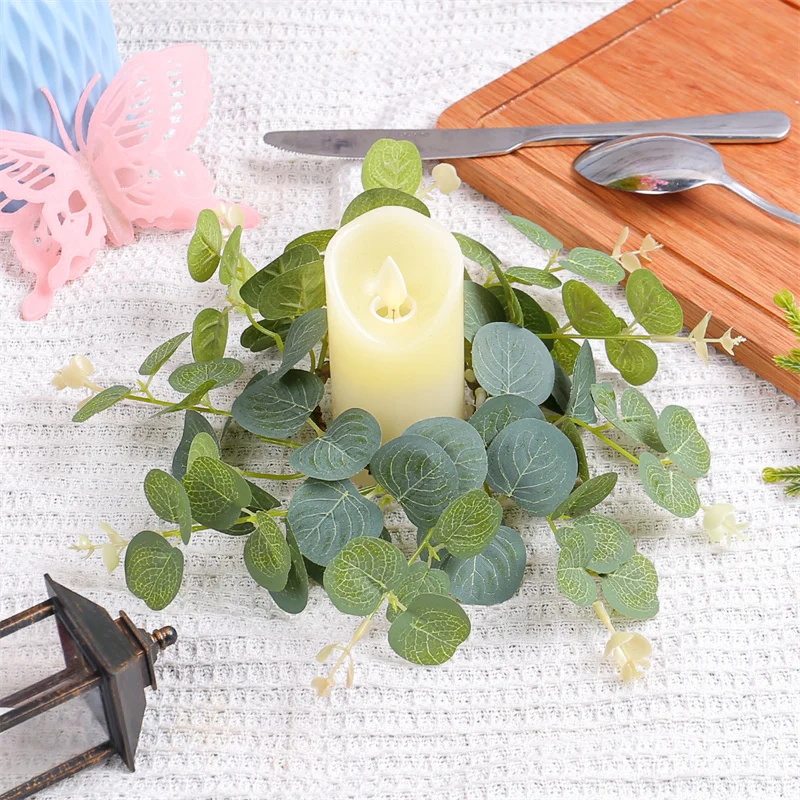 Artificial Eucalyptus Candle Wreaths Candlestick Wreath Artificial Greenery Garland Candle Ring For Wedding Table Party Decor ﻿