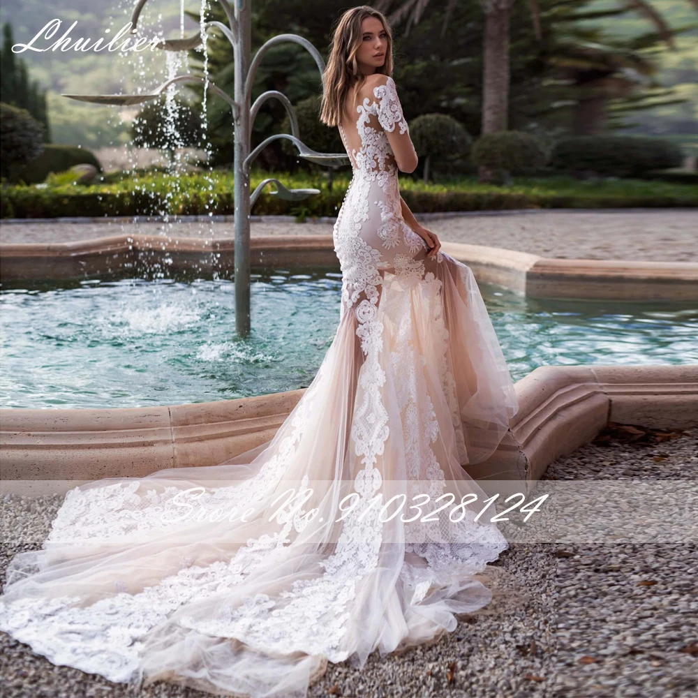 Lhuillier op maat gemaakte doorzichtige zeemeermin kanten applicaties trouwjurken vloerlengte lange mouwen bruidsjurk met kapelsleep