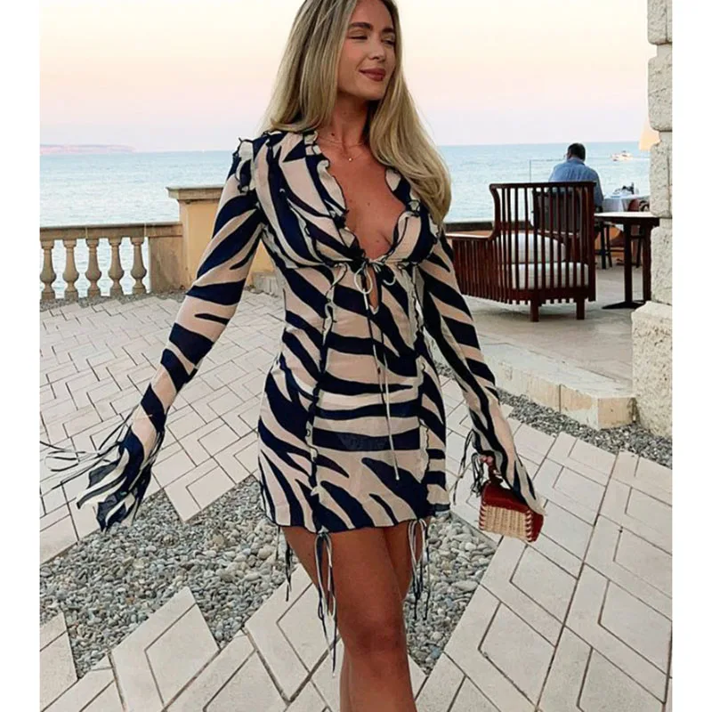 

2023 Zebra Stripe Printed Long Sleeve Beach Dress for Women Summer Ruffles Bandage Mesh Sexy Club Party Mini Dresses Bodycon