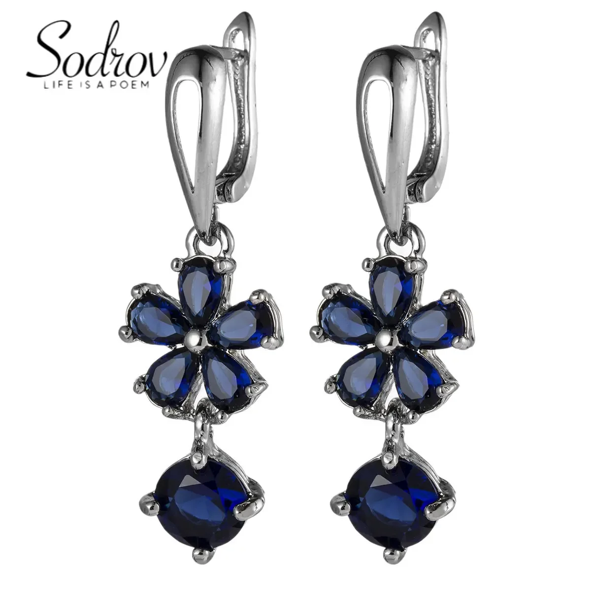 SODROV Korean Fashion Blue Zircon Jewelry Romantic Flower Shape Drop Earrings for Women