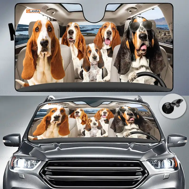 Basset Hound Family Car Sun Shade, Basset Car Windshield, Basset Sun Car Accessories, Basset Hound Lover, Auto Decor Screen PHT2