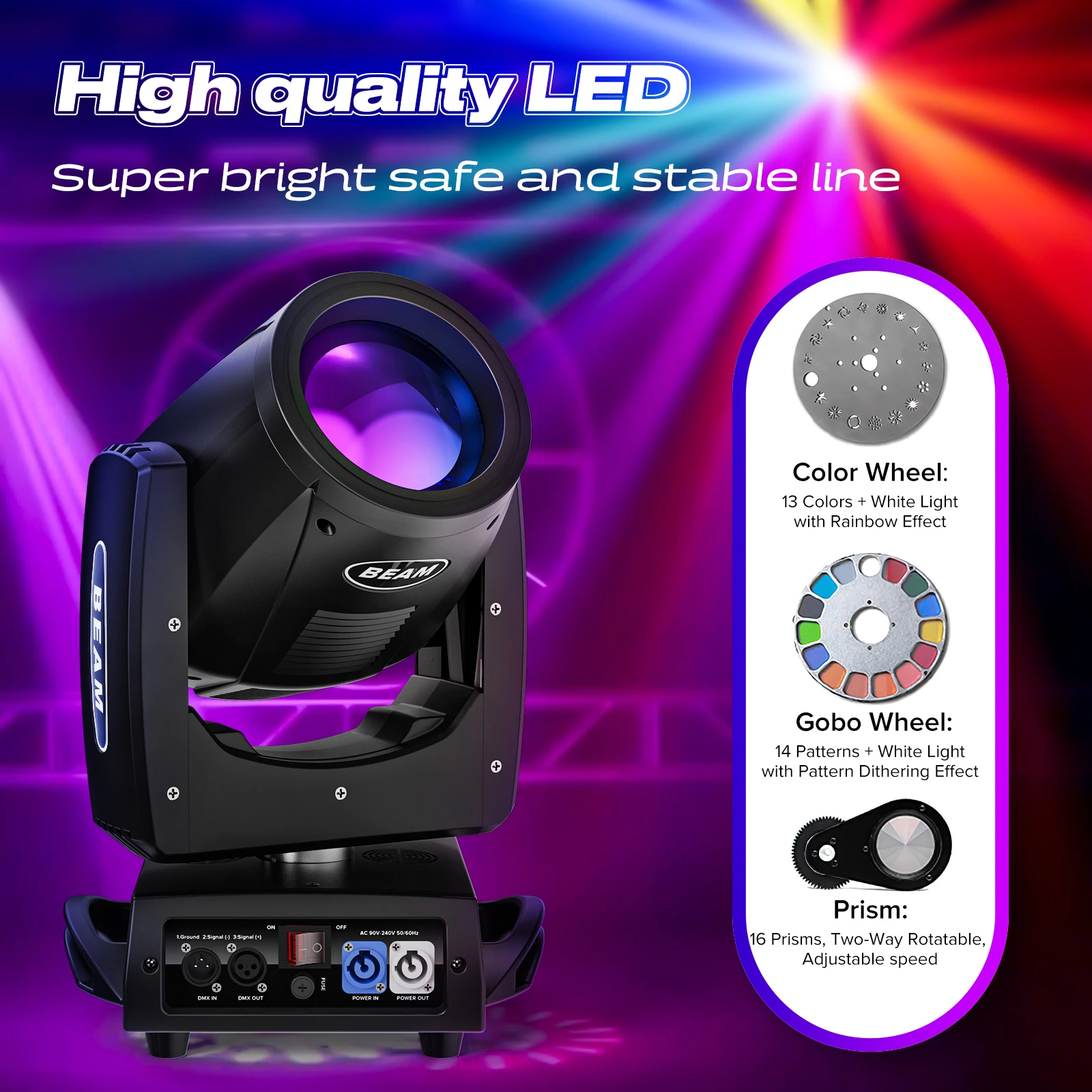 U\'King 230W 7R Moving Head Light Beam DMX512 Professional Stage Light for DJ Disco Bar Party 24 Prism LED Rainbow Effect Light