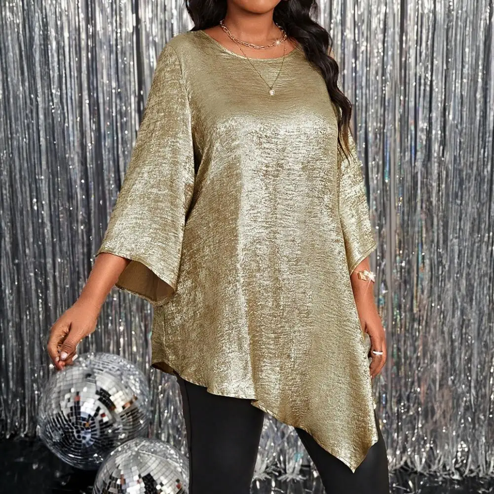 Chemisier mi-long scintillant irrégulier t-shirt mode grande taille hauts femmes décontracté col rond chemise t-shirts dames tunique ample chemise
