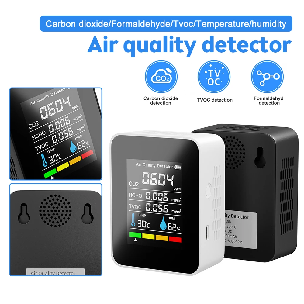 

5in1 Air Quality Monitor CO2 Sensor Smart Home Temperature Humidity HCHO TVOC Indoor Air Pollution Alarm Tester Gas Detector