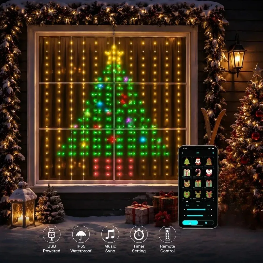 Christmas Light String LED Curtain Lights Color Changing Window Wall Bedroom Smart App Control Holiday Party Home Decor
