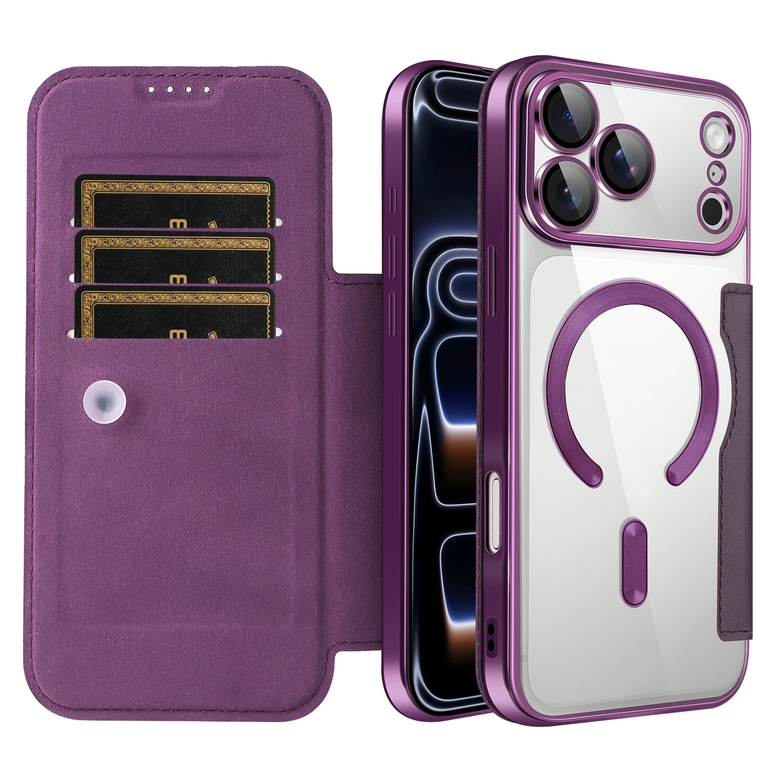 Für iPhone 17 Pro Max Magnetische Handyhülle Flip-Cover Vollschutz-Hülle mit Kartenfach Linsenschutz Kunstleder Sturzsichere Handyschutzhülle – Detail 7