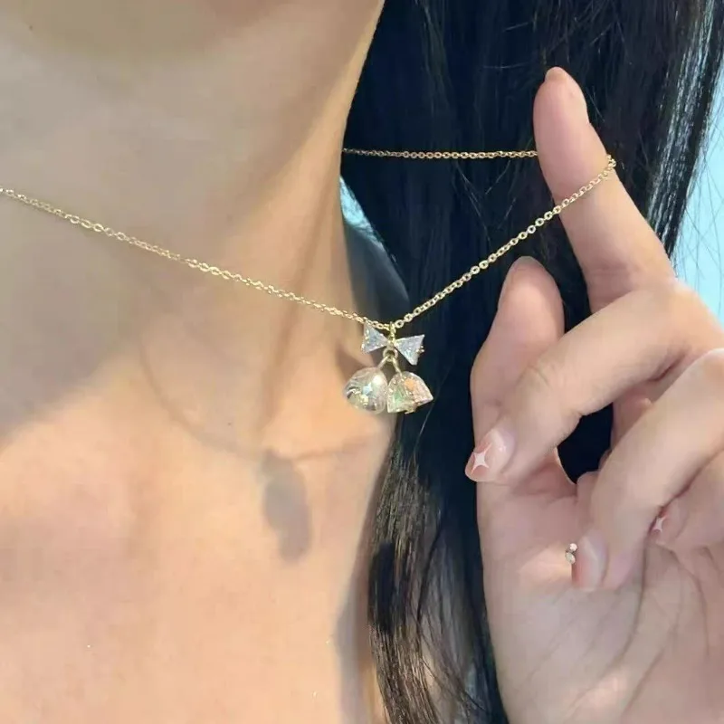 Trendy Sweet Aeolian Bells Bow Necklaces Fashion Crystal Pendant Necklace for Women Clavicle Chain Y2K Jewelry Kpop Accessories