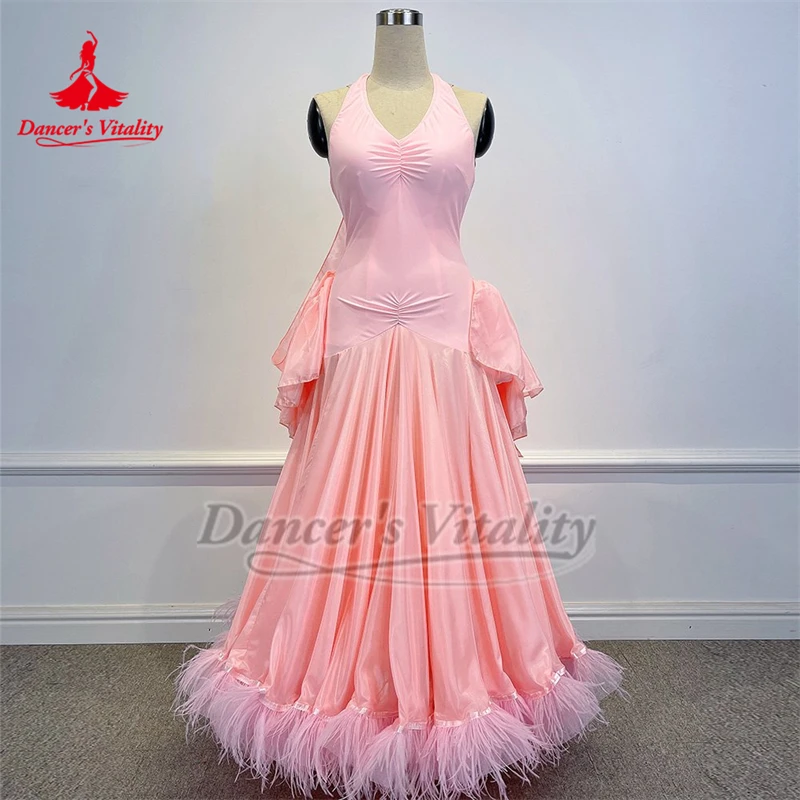الكبار والطفل الفالس عالية الجودة لؤلؤة الحرير النسيج ممارسة أداء المسابقة ريشة نمط الحاشية السفلية فساتين مخصصة حيوية الراقصة