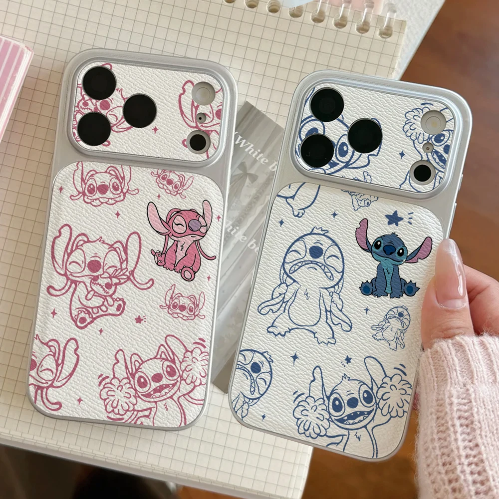 

Disney Lilo Stitch Couples Phone Case For IPhone 17 16 15 14 Electroplated Leather Shockproof Phone Accessories 13 12 11 Casing