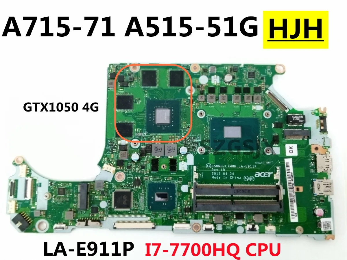 FOR ACER A715-71 A515-51G A715-71G AN515-51 Laptop Motherboard C5MMH/C7MMH LA-E911P  CPU I7-7700HQ, GTX1050 4GB Tested100%