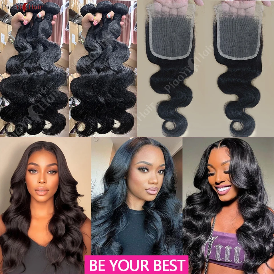 Paquete de cabello humano Body Wave con cierre 4x4/5x5, 100% crudo, tejido, con raya al medio 2x6 y encaje 6