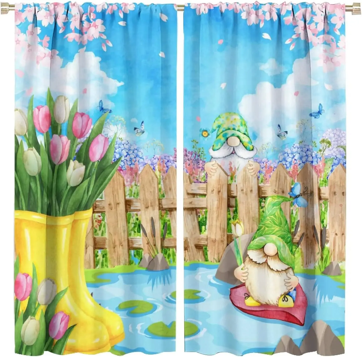 Hello Spring Gnomes Tulip Blackout Curtains for Bedroom - Vintage Watercolor Farmhouse Boots Hydrangea Floral Window Treatment