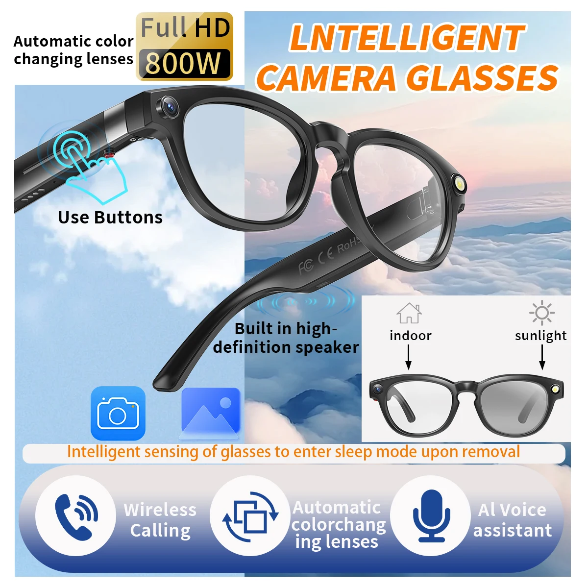 

New AI Smart Camera Glasses 800W Bluetooth Smart Glasses Call Playing Music Object Recognition AI Translation Multifunction 2025
