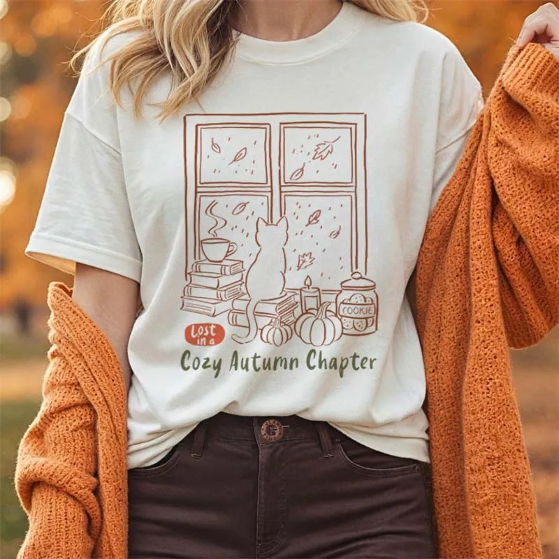 Cozy Autumn Chapter Women's Graphic T-Shirt Lost In a Window Cat Round Neck Short Sleeve Casual Fall Fashion Women's T-Shirt
