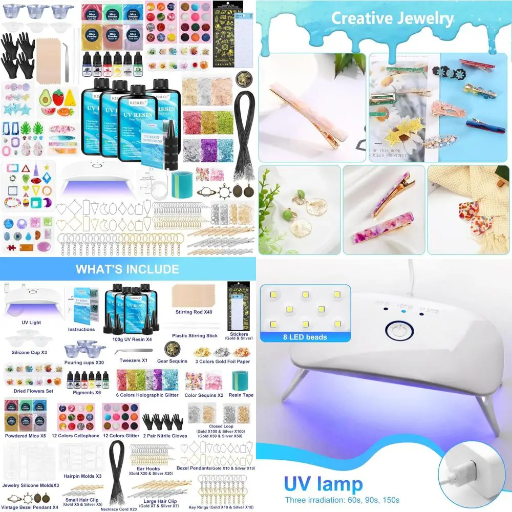 ชุดทำเครื่องประดับเรซิน UV, เรซินใส 400 กรัมพร้อมแสงและแม่พิมพ์, ชุดเรซินทำเครื่องประดับ DIY, ชุดเรซินเรซินเริ่มต้น f