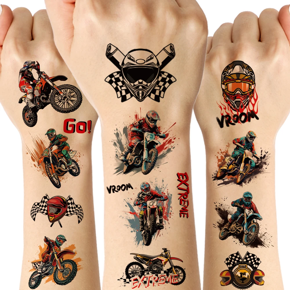 

Dirt bike temporary tattoos, suitable as decorations and small gifts for birthday parties and themed parties.10 sheets
