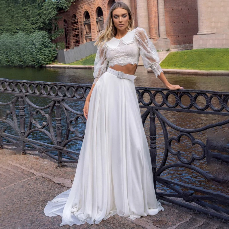 

Customized O Neck 2 Pieces Lace Crop Top Belt Three Quarter Sleeve Appliques Wedding Dress Back Lace And Zipper Bridal Gowns