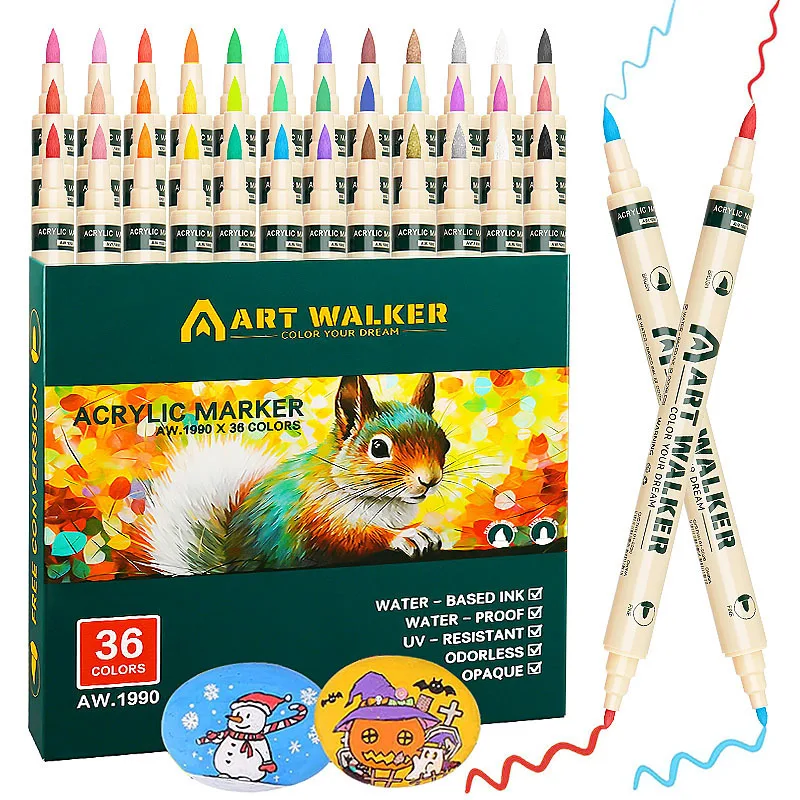 12/24/36 Colors Set Double Headed Acrylic Marker Pen Color Art Graffiti Pen,Opaque, Water-Based Soft Headed Pen Art Supplies