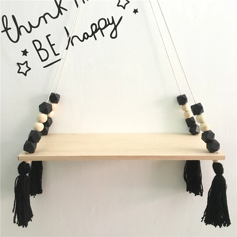 Nordic Style Swing Shelf Decorative Shelves Kids Wall Hanging Decor Room Macaroon Wooden Beads Tassel Shelf Storage Organization