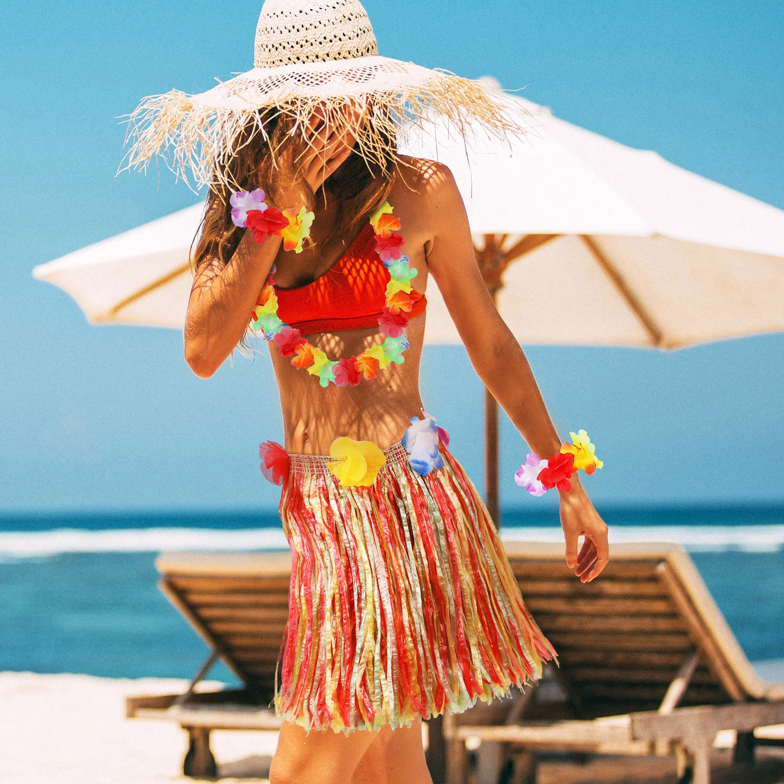 

1Set Grass Skirt Set Hawaiian Outfit for Women with Flower Necklace Sunglasses Hula Costume Lightweight Party Festival