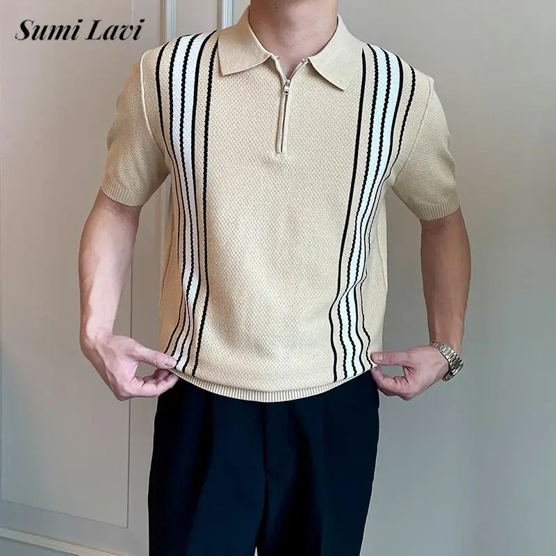 Vintage Mens Slim Polo Shirts Striped Crochet Knitted Polo Shirt 2026 Spring Summer Casual Short Sleeve Zip-up Men Knit Polos