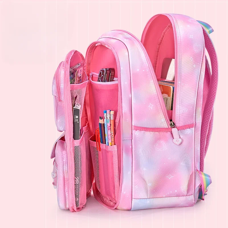 Colorful Transparent Layer Children Backpack School Commuting Leisure Girls High Capacity Curved Shoulder Strap Rainbow Mesh