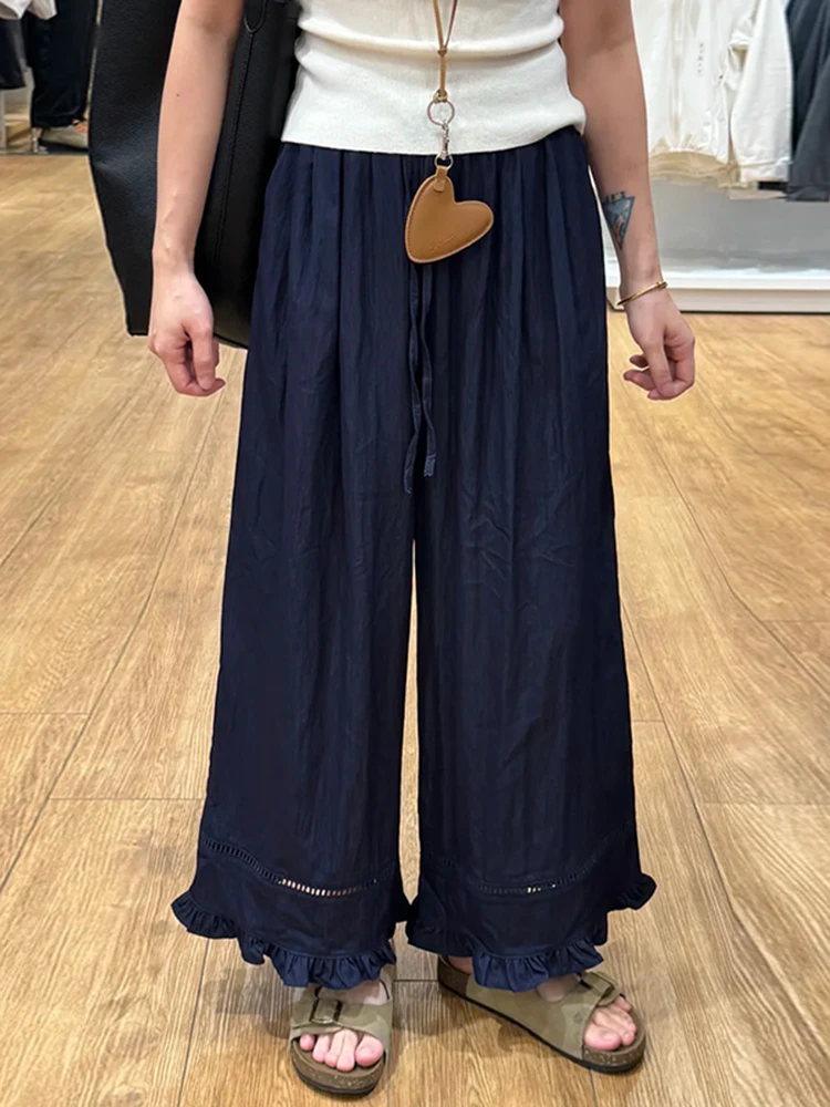 

Повседневные женские брюки с широкими штанинами и кружевными вставками, с высокой талией, на резинке и со шнурком, летние, новые, свободные, укороченные, утягивающие