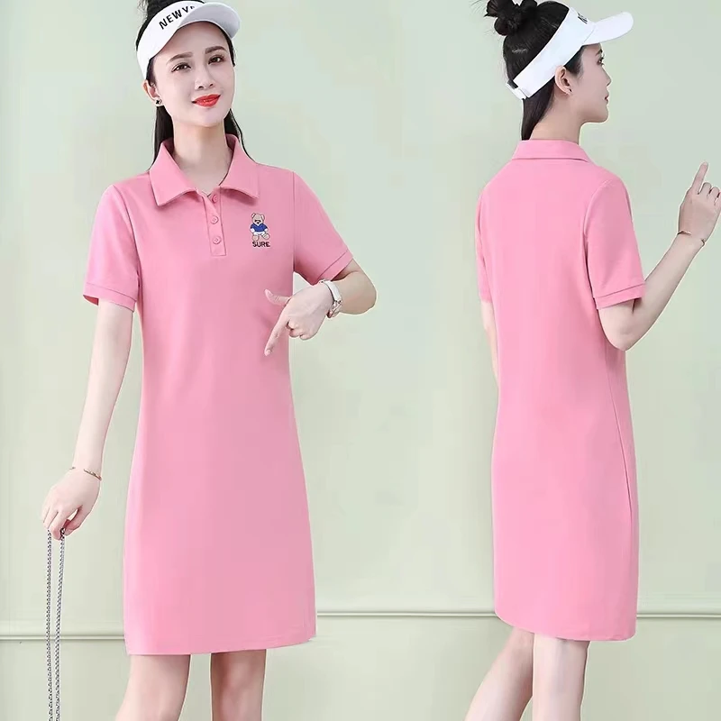 Décontracté col Dr femmes été nouveau ample polyvalent jeune minceur coréen Sle T-shirt a-ligne Midi Dr couleur Pure