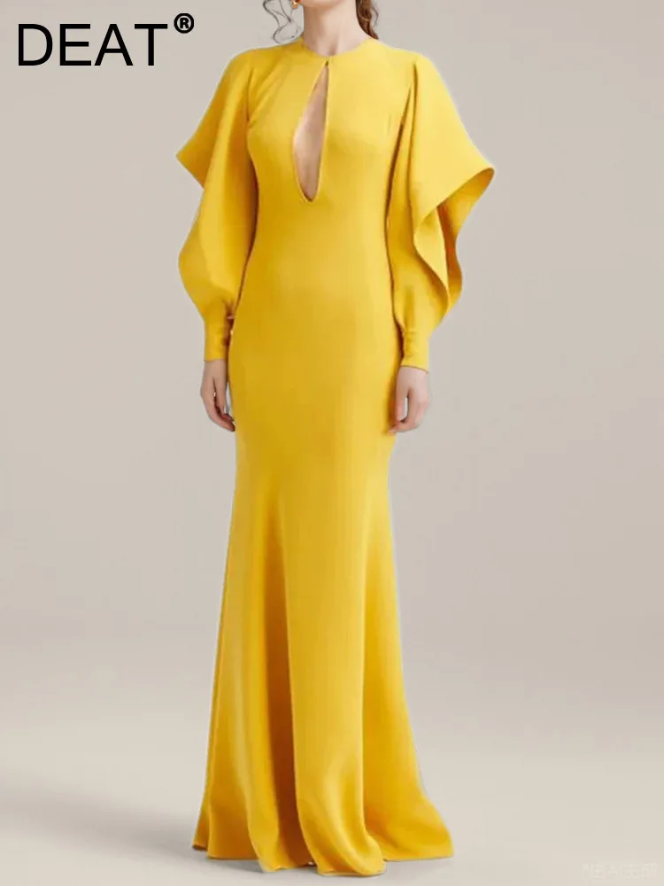 

DEAT Women Fashion Hollow Out Patchwork Dress O-neck Long Sleeve Ruffles Elegant Party Dresses Female Autumn 2024 New 13DB3510