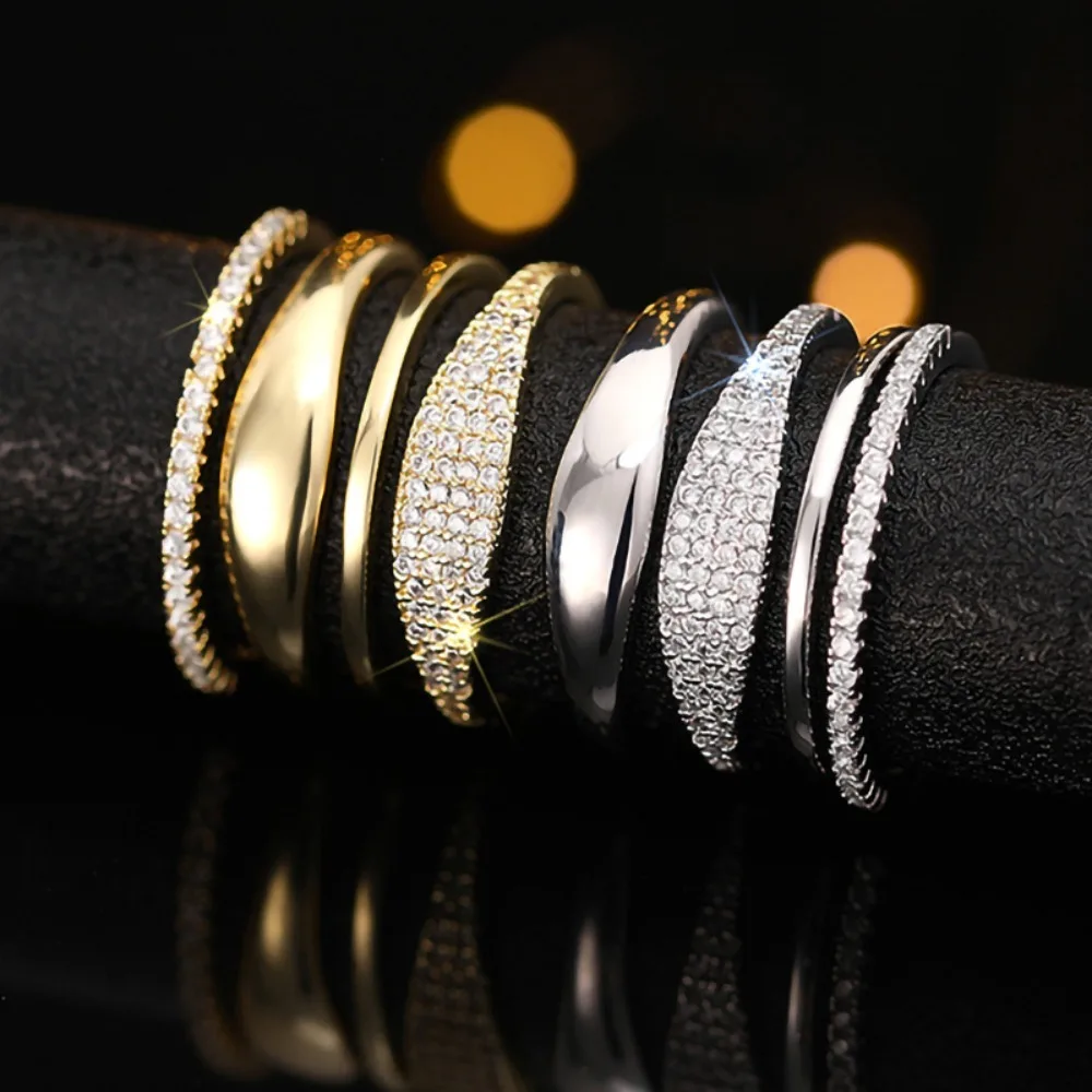 4pcs Set Personality Micro-inlay Zircon Plain Circle Ring Set Women's Engagement Wedding Stainless Steel Fold Wear Jewelry Gift