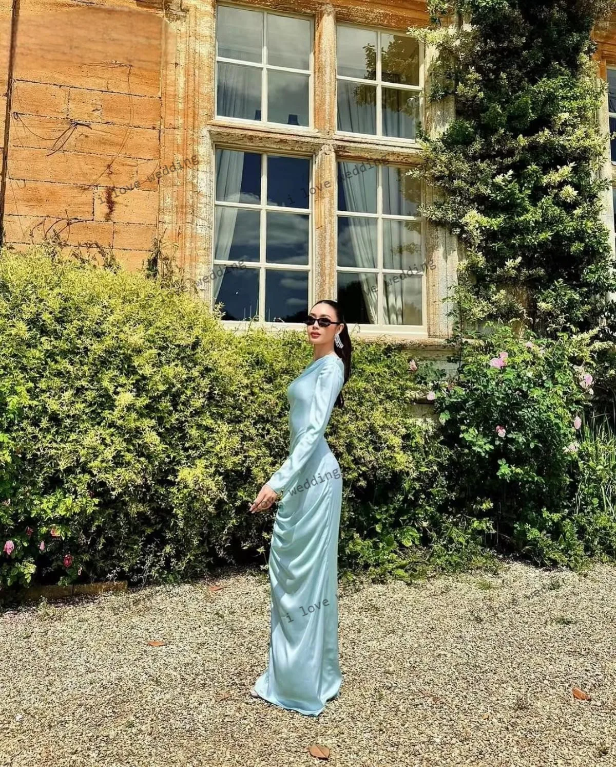 Vestidos de noite 2025 céu azul vestido de festa de casamento para mulher alta pescoço cetim manga longa ruched até o chão elegante personalizado