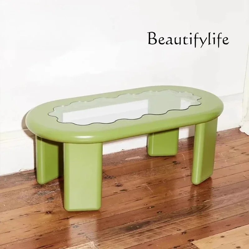XB SS Nordic Designer Oval Coffee Table Household Avocado Strip Table Light Luxury Glass Table
