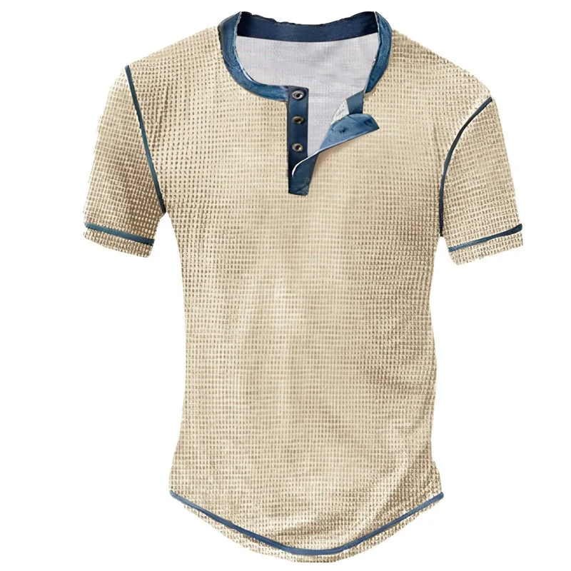 Herren V-Ausschnitt Knopfleiste Kurzarm-Oberteil Schnelltrocknend Herren Vintage-Kleidung Personalisiertes Sommer-Freizeit-T-Shirt Waffel-Großpullover – Detail 3
