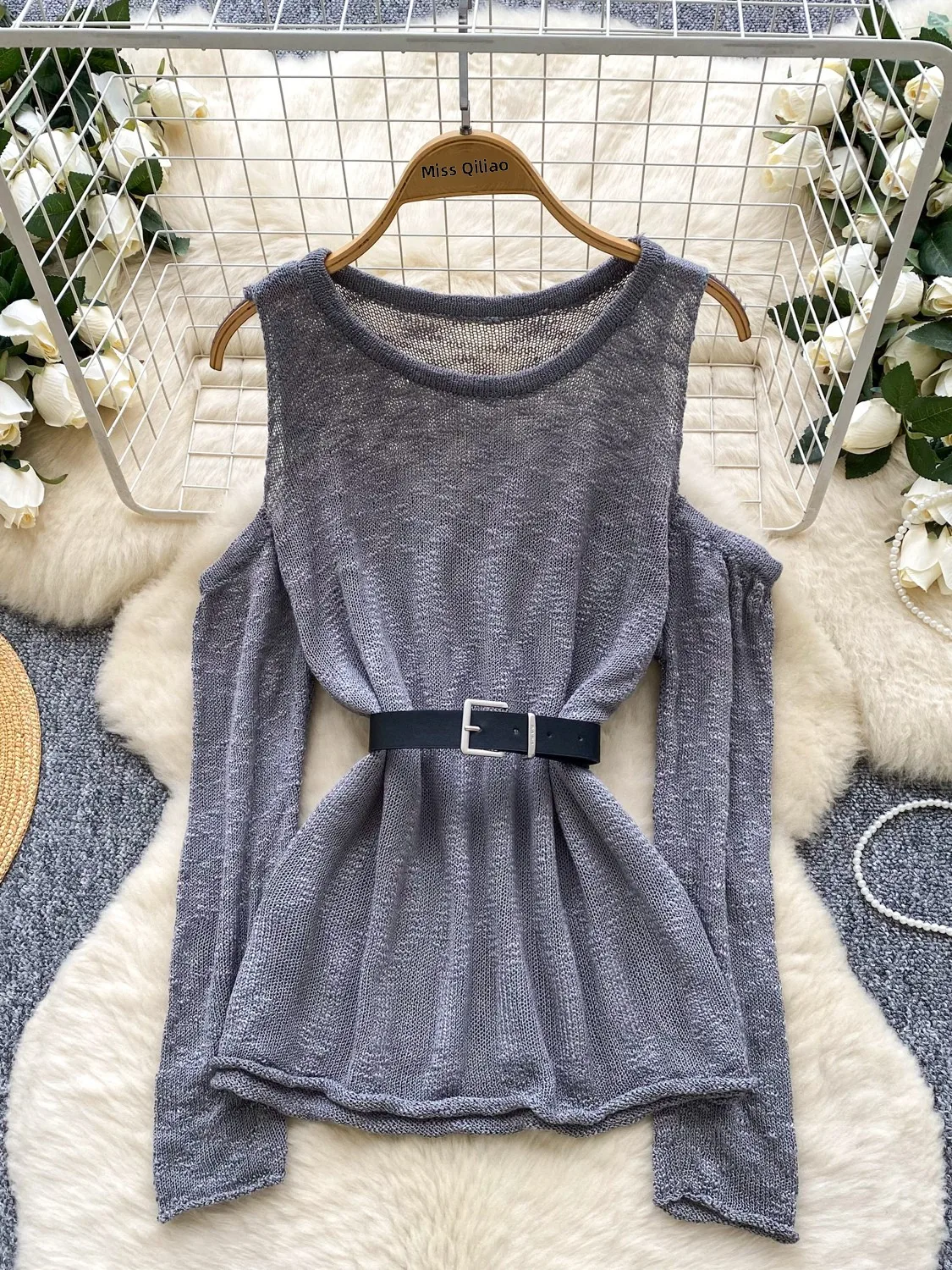 

Korean Simple Design oulder Bared Long Sve Knitted Top Women's Faion T-irt Autumn Waist Cinched Faionable V-ne C...