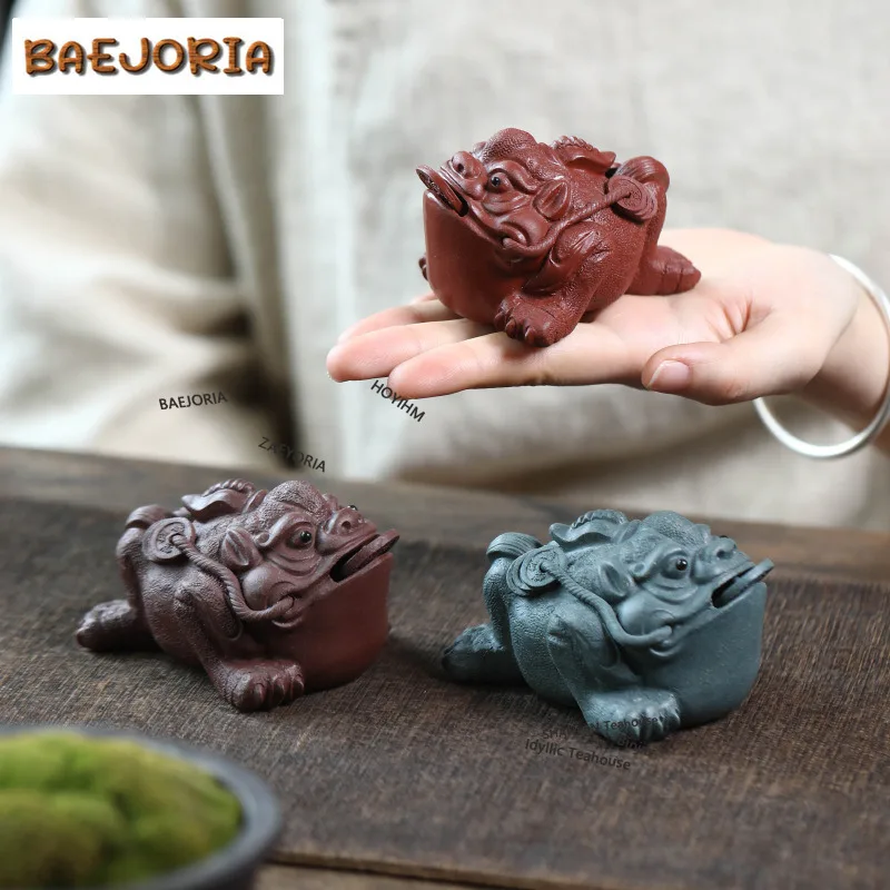 BAEJORIA Yixing Purple Clay Three-legged Wealth Golden Toad Tea Pet Japanese Lucky Model Tea Figurine Play Toys Tea Statue Gift
