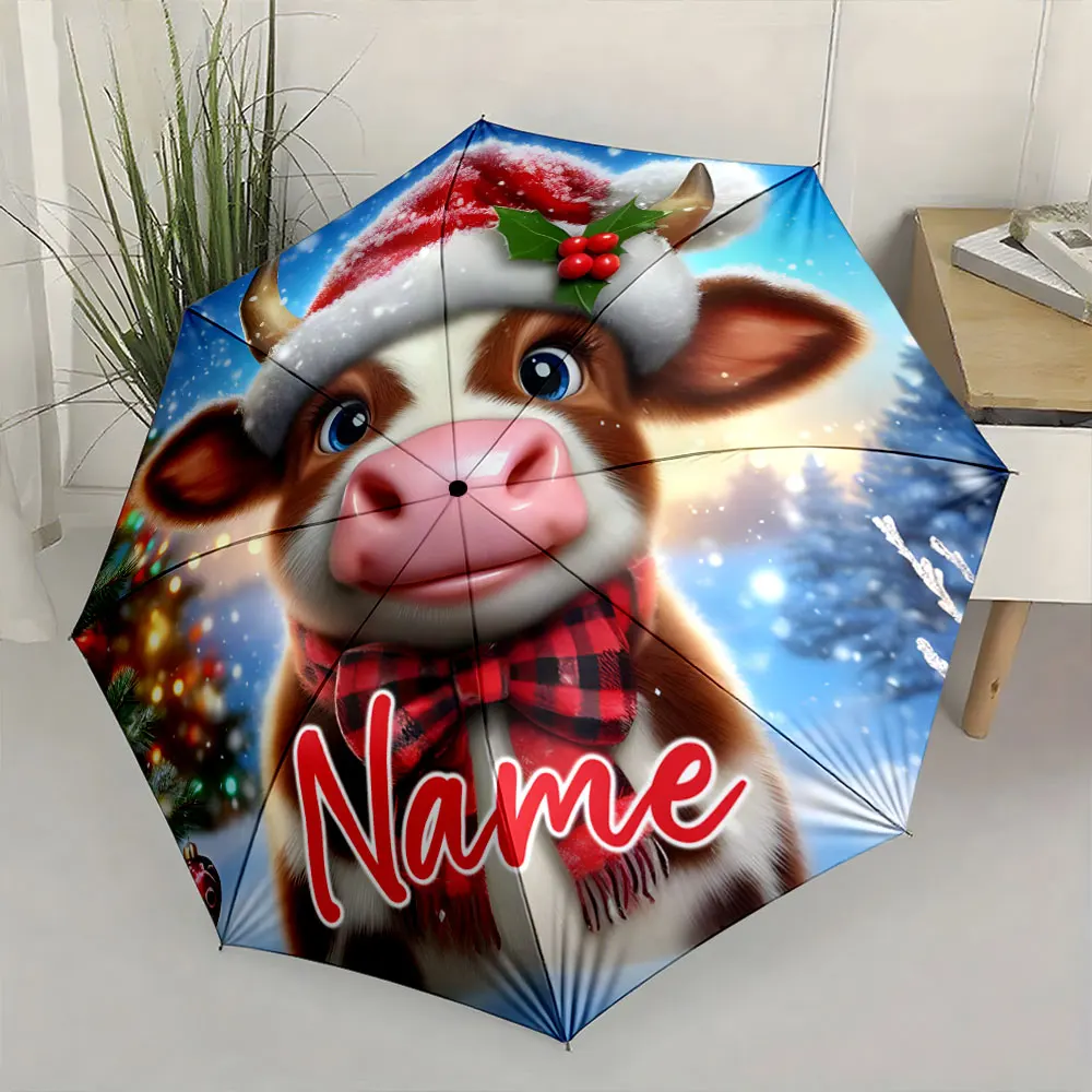 Custom Name Festive Cow Umbrella: A Fun Holiday Design Print 8 Iron Ribs Folding Umbrella, Auto-Open Fashion Sunshade
