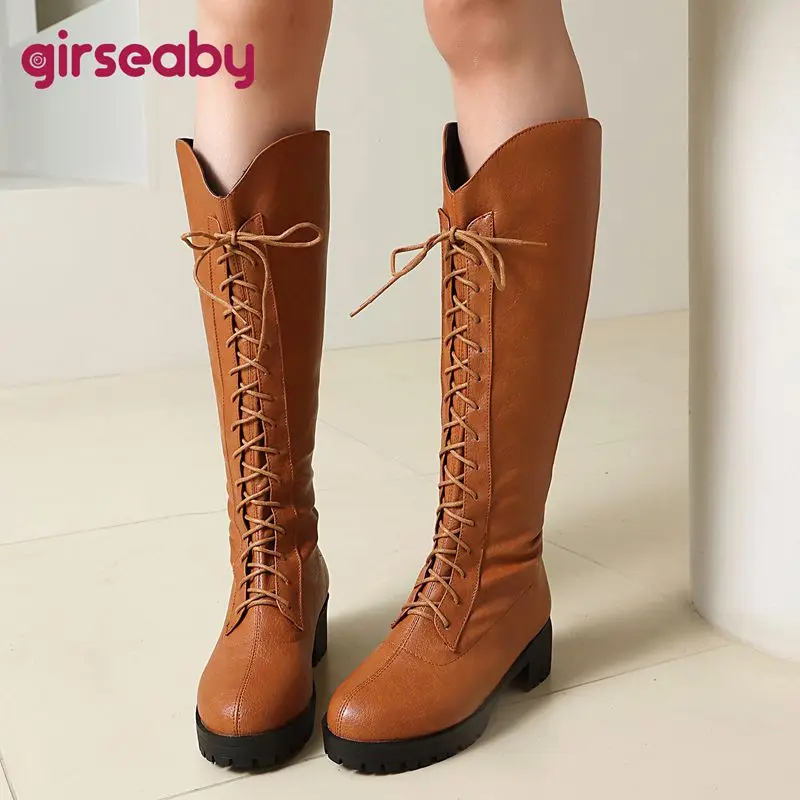 

Girseaby 2025 Ретро женские конные ботинки с круглым носком на толстом каблуке 4,5 см, на шнуровке, большие размеры 44 45 46 US15 Повседневные сапоги до колена