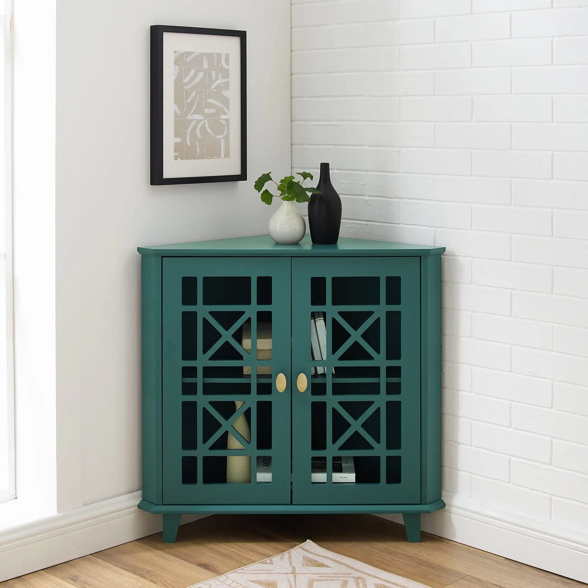 Transitional Fretwork Doors Corner Accent Cabinet, Dark Teal The perfect complement to a dining room or home office