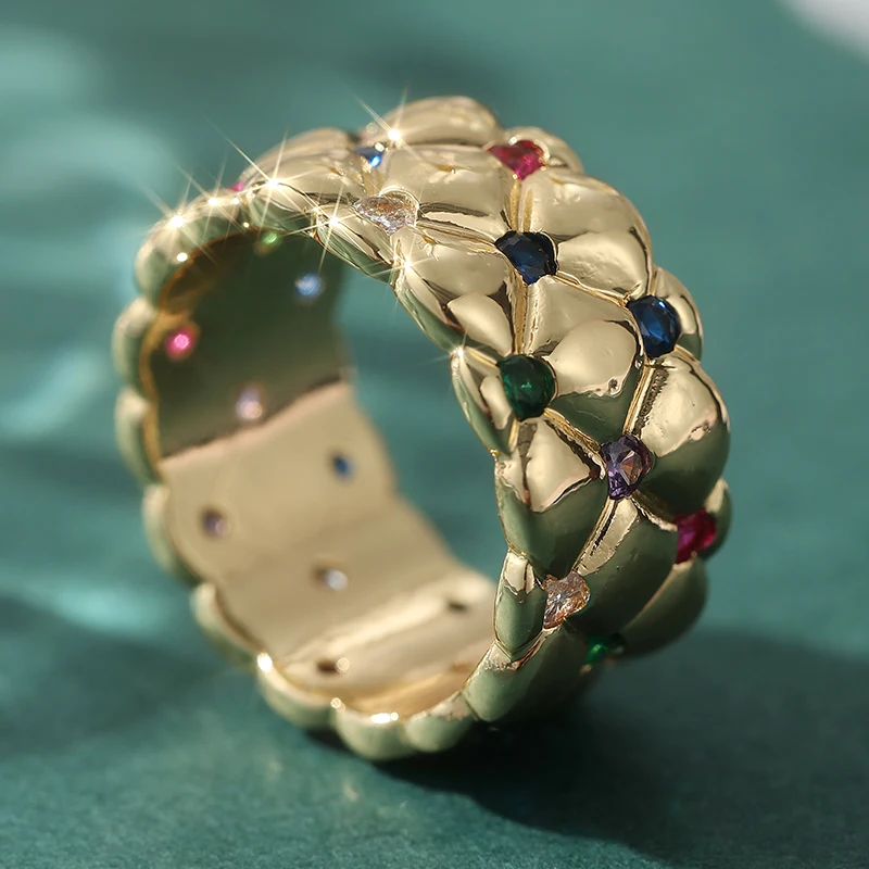 Wunderschöner Eingelegter Mehrfarbiger CZ Damenring Trendiger Goldfarbener Handgravierter Ring für Tägliches Tragen Partyschmuck Jubiläumsgeschenk – Detail 1