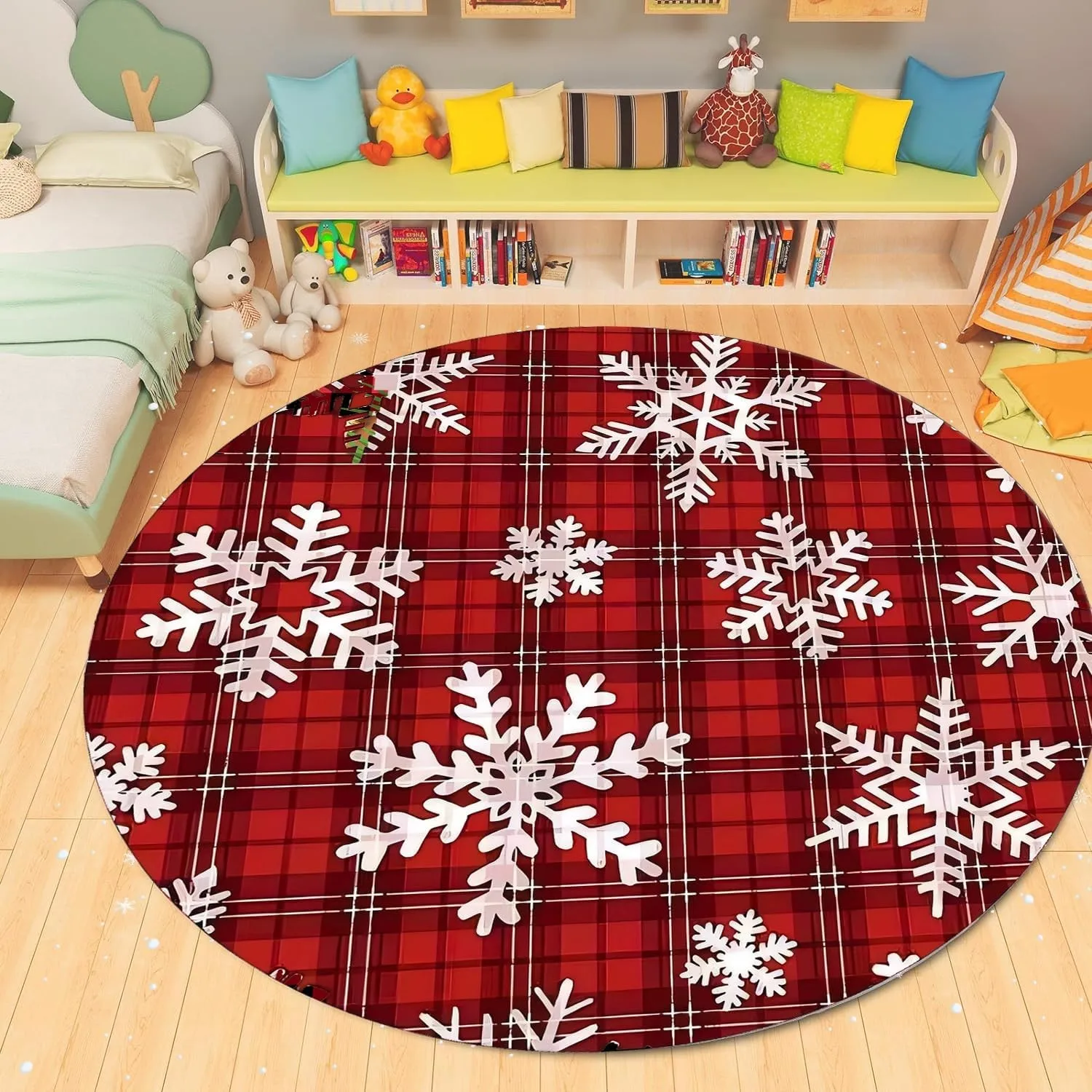 Festive Round Christmas Rug with Tree & Red Plaid – Breathable Floor Mat for Living Room & Kids’ Room Decor