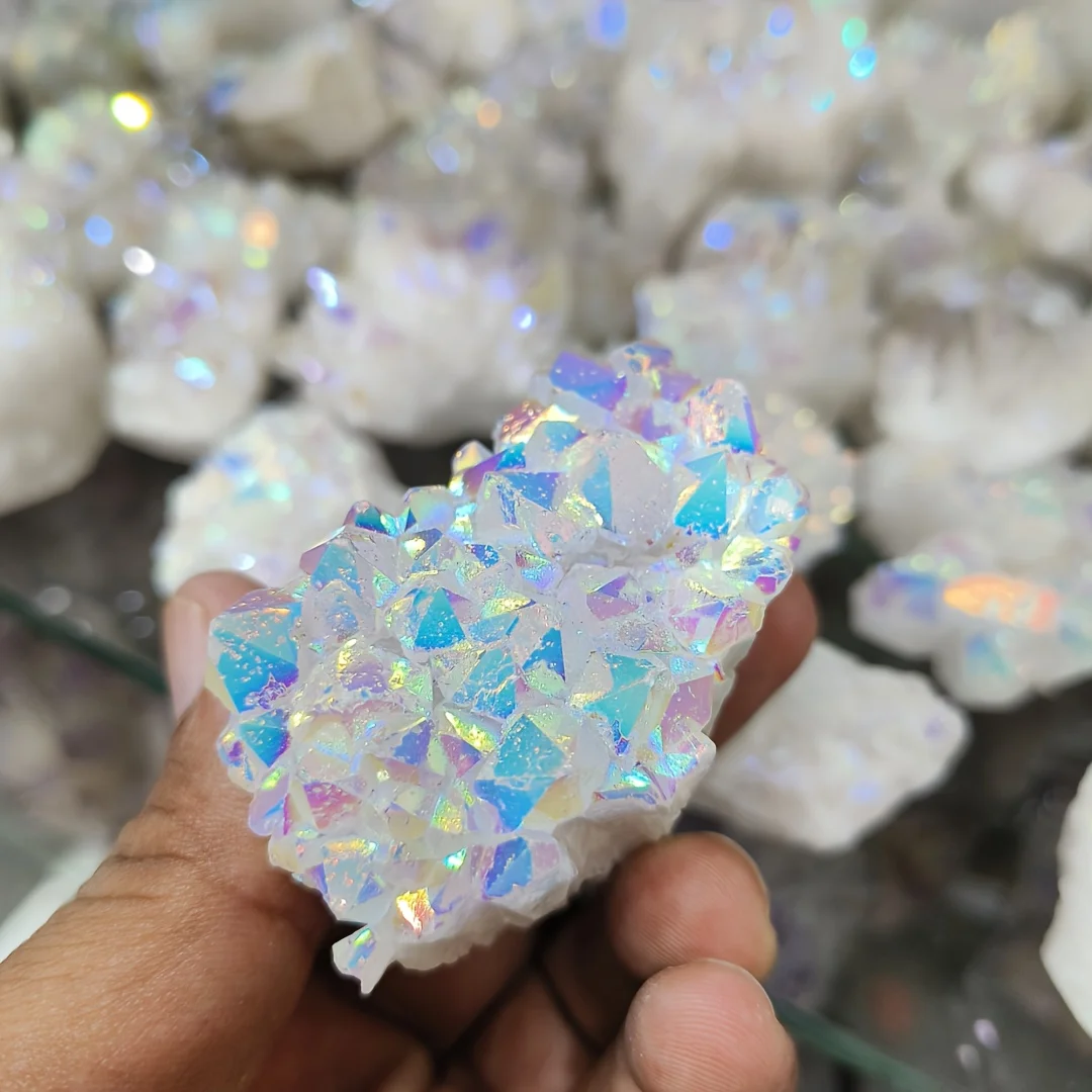 1pc Angel Aura Quartz Cluster, Rainbow Crystal Geode, Raw Natural Electroplating Quartz Rainbow Color, home decoration stones
